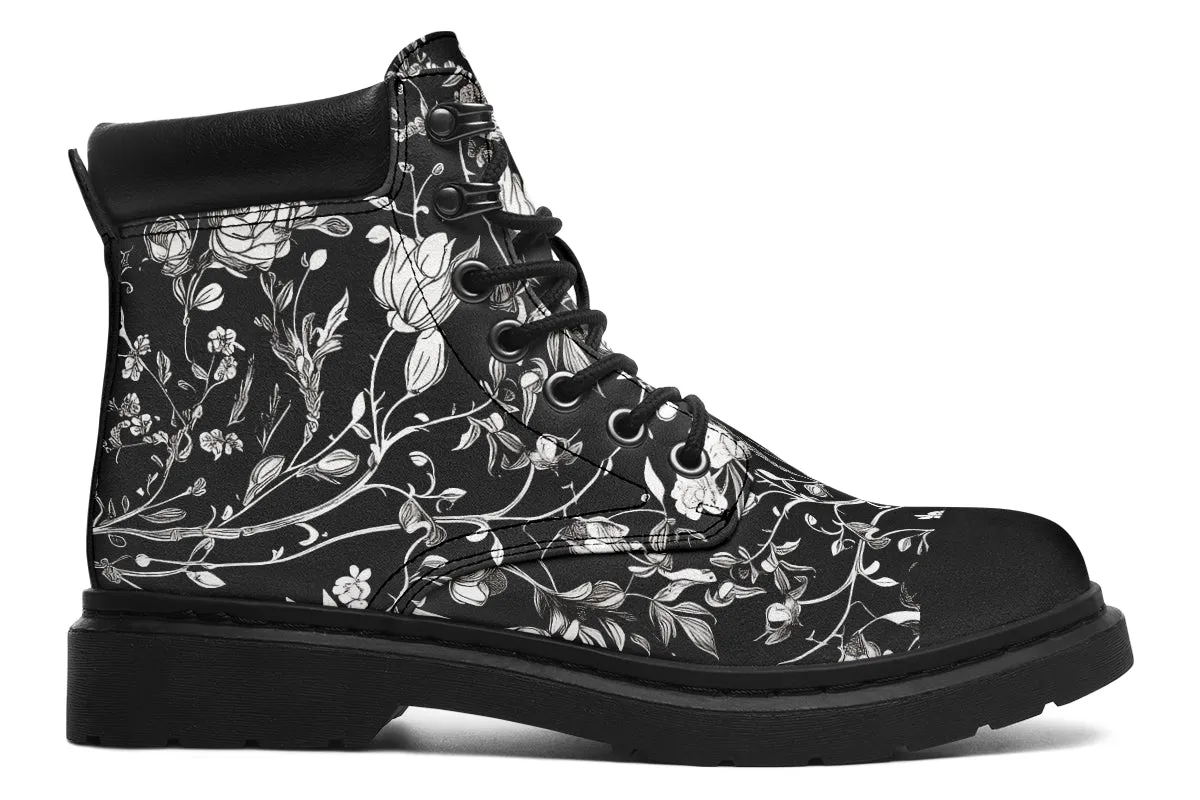 Noir Bouquet Classic Boots - High Quality Micro-Suede Weatherproof Vegan Shoes with Stitched on Soles