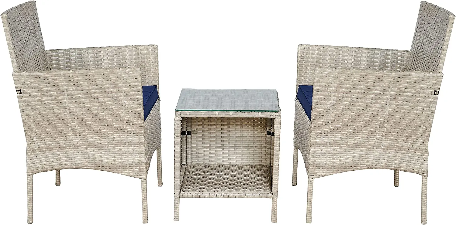 Outdoor Conversation?áGarden Furniture Sets (Tan/Navy Blue) Patio Furniture 3 Pieces PE Rattan Wicker Chairs Patio Glass Tempered Glass Table