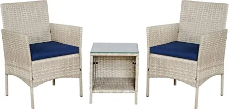 Outdoor Conversation?áGarden Furniture Sets (Tan/Navy Blue) Patio Furniture 3 Pieces PE Rattan Wicker Chairs Patio Glass Tempered Glass Table