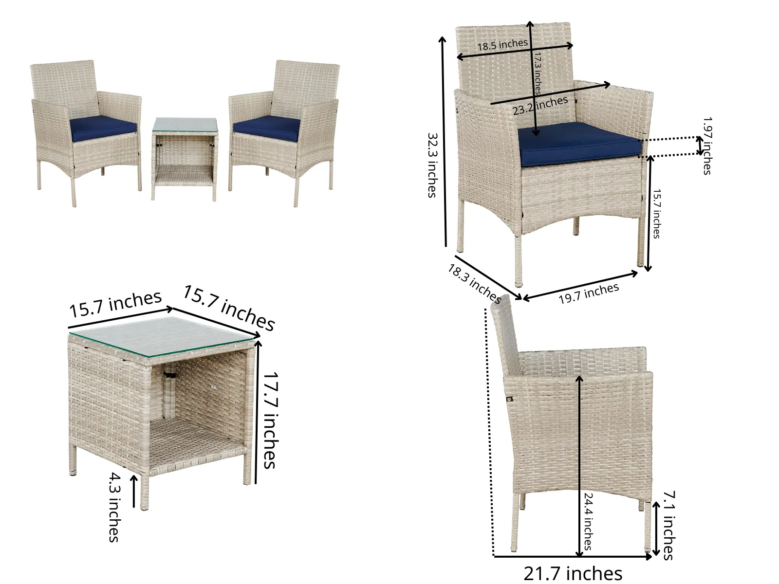 Outdoor Conversation?áGarden Furniture Sets (Tan/Navy Blue) Patio Furniture 3 Pieces PE Rattan Wicker Chairs Patio Glass Tempered Glass Table