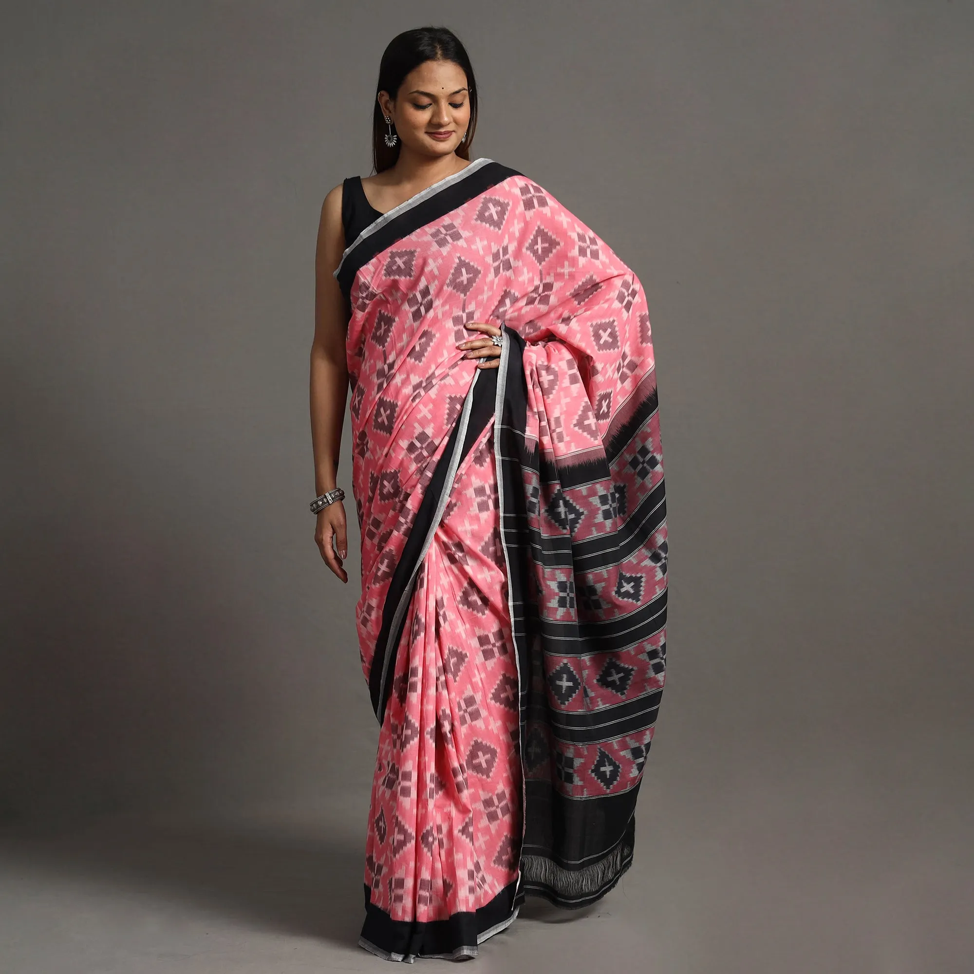 Pink - Pochampally Ikat Weave Handloom Cotton Saree