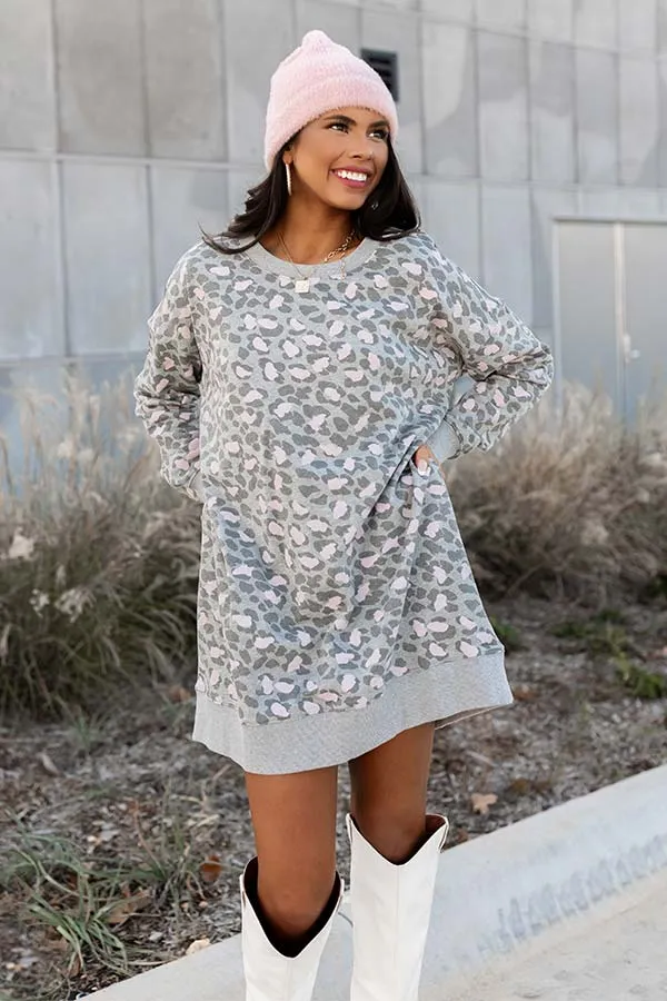 Play It Cool Leopard Sweater Dress In Grey