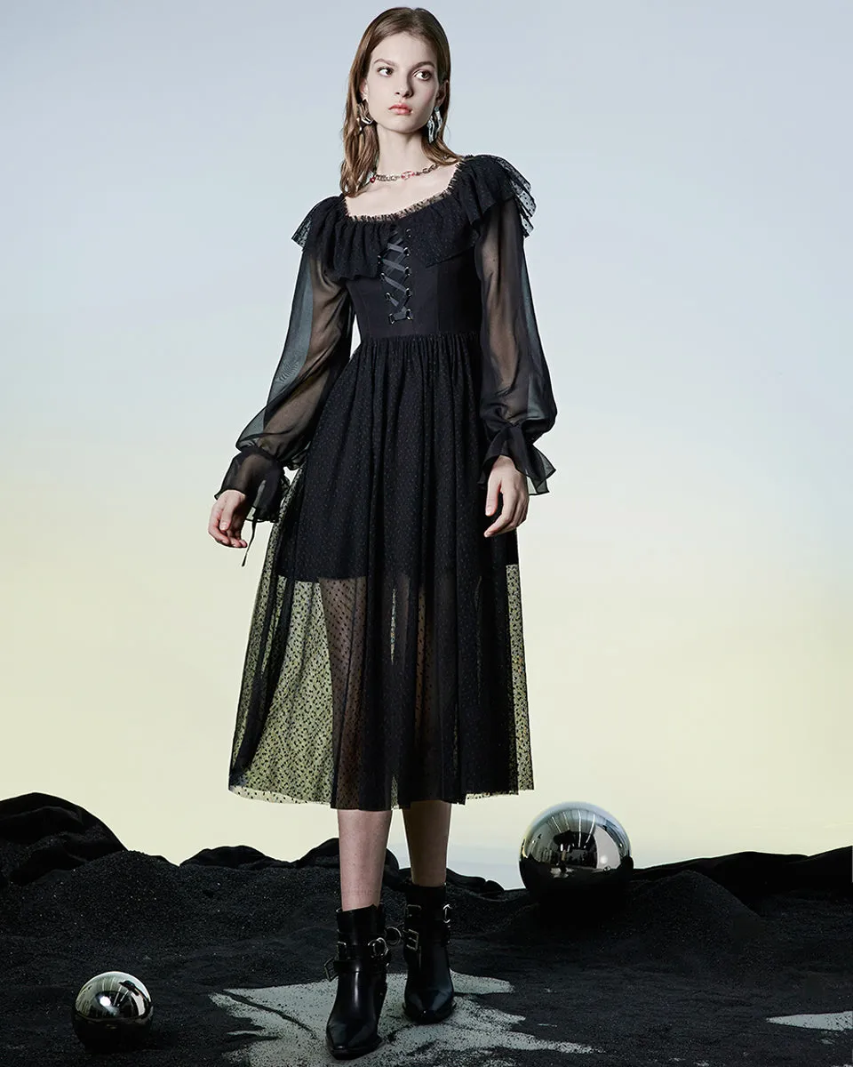 Punk Rave Daily Life Retrogothic Pleated Chiffon Midi Dress