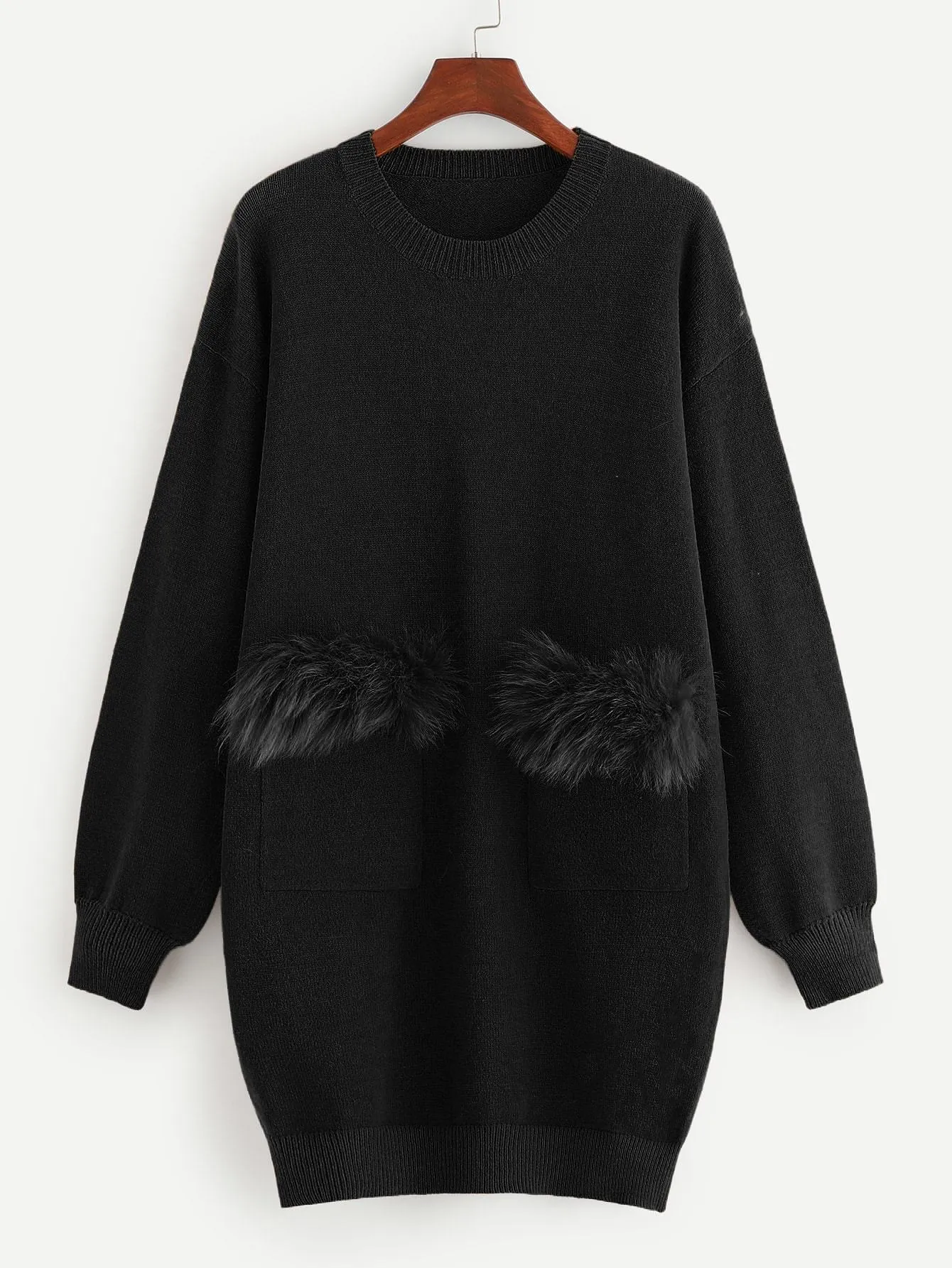 SHEIN Plus Faux Fur Patched Pocket Cocoon Knit Dress