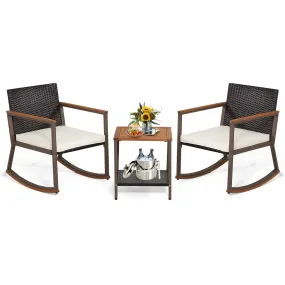 Tangkula 3 Pieces Rocking Bistro Set, Outdoor Rocker Chair with Coffee Table & Cushions