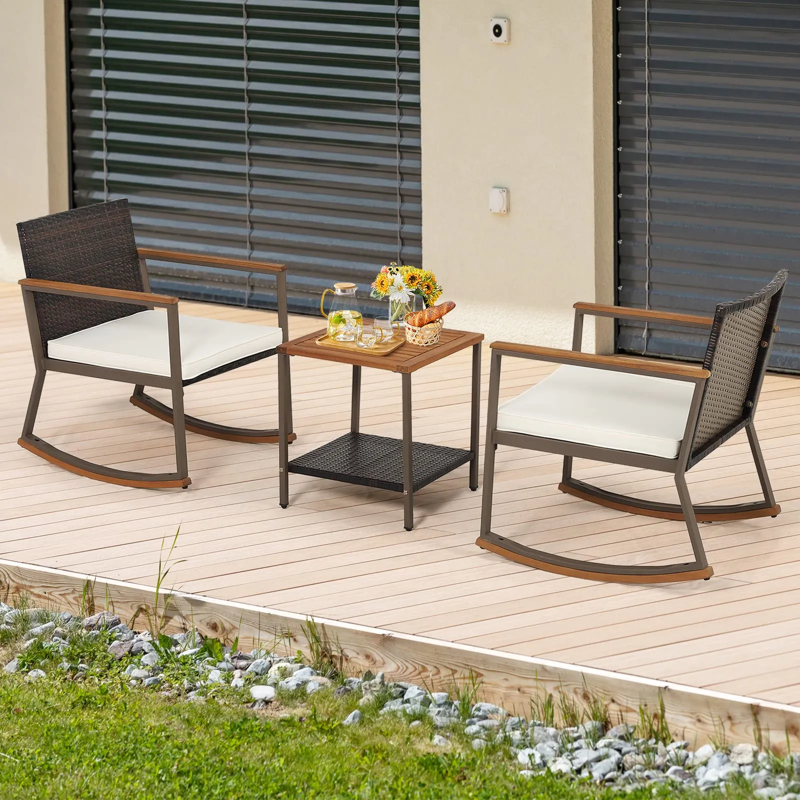 Tangkula 3 Pieces Rocking Bistro Set, Outdoor Rocker Chair with Coffee Table & Cushions