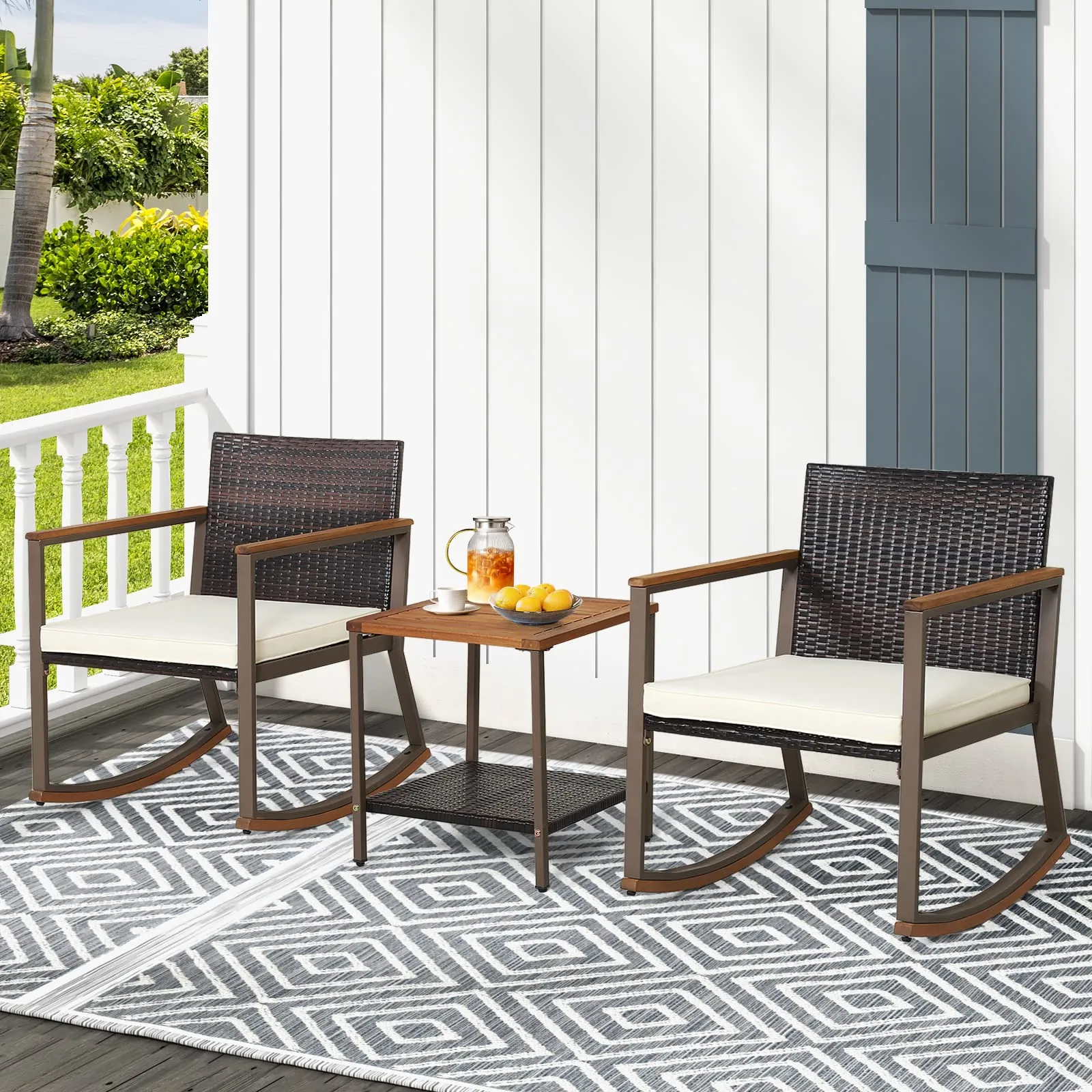 Tangkula 3 Pieces Rocking Bistro Set, Outdoor Rocker Chair with Coffee Table & Cushions