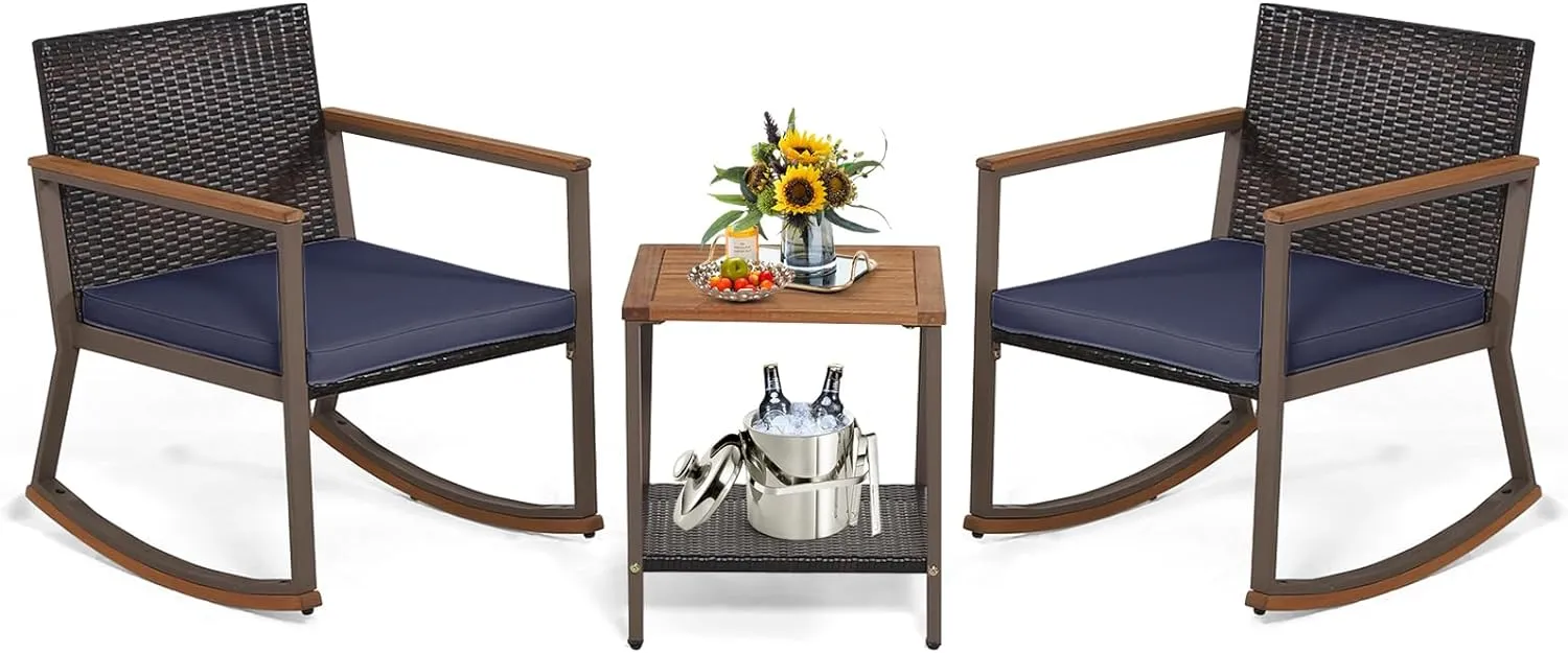 Tangkula 3 Pieces Rocking Bistro Set, Outdoor Rocker Chair with Coffee Table & Cushions