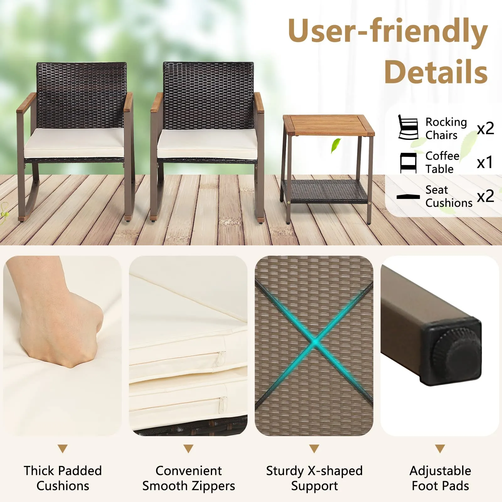 Tangkula 3 Pieces Rocking Bistro Set, Outdoor Rocker Chair with Coffee Table & Cushions