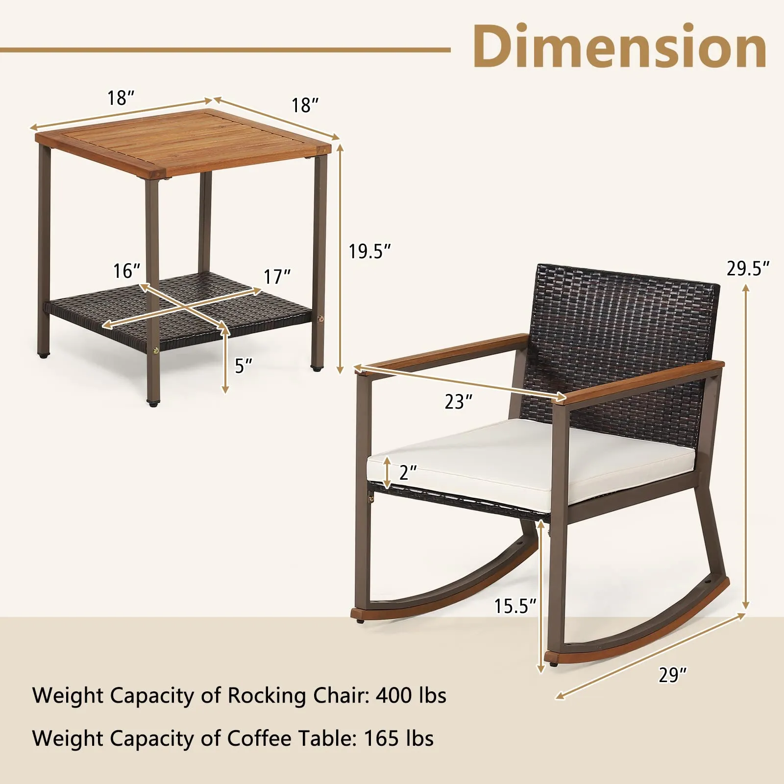 Tangkula 3 Pieces Rocking Bistro Set, Outdoor Rocker Chair with Coffee Table & Cushions