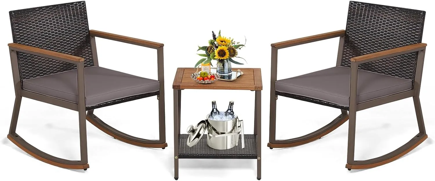 Tangkula 3 Pieces Rocking Bistro Set, Outdoor Rocker Chair with Coffee Table & Cushions