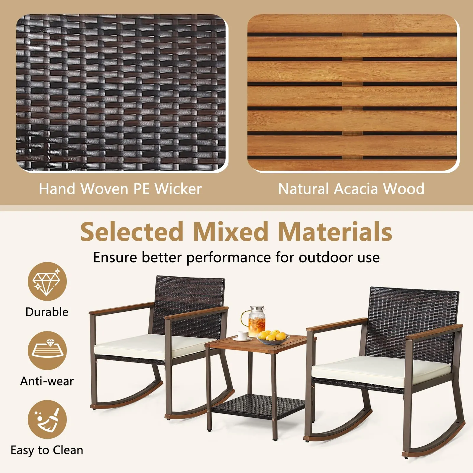 Tangkula 3 Pieces Rocking Bistro Set, Outdoor Rocker Chair with Coffee Table & Cushions