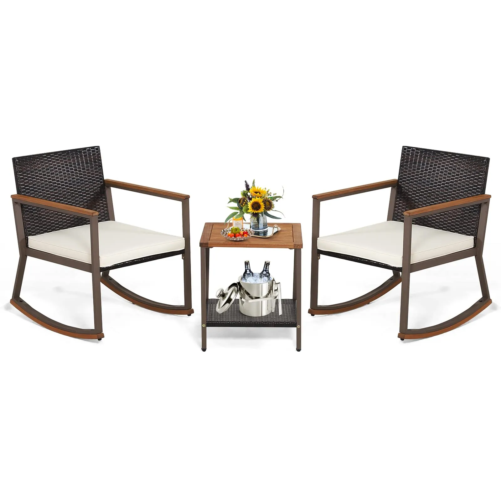 Tangkula 3 Pieces Rocking Bistro Set, Outdoor Rocker Chair with Coffee Table & Cushions