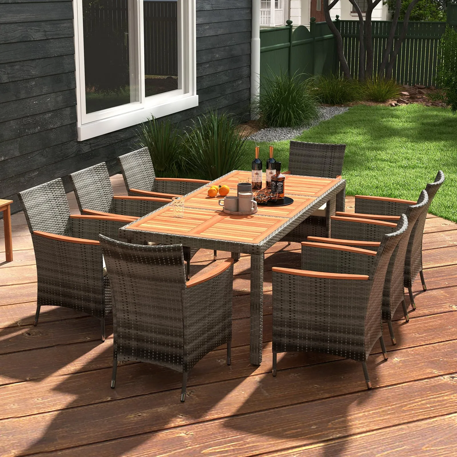 Tangkula 9 Pieces Patio Dining Set, , Outdoor Acacia Wood & Rattan Furniture Set with Cushions, Table & 8 Chairs