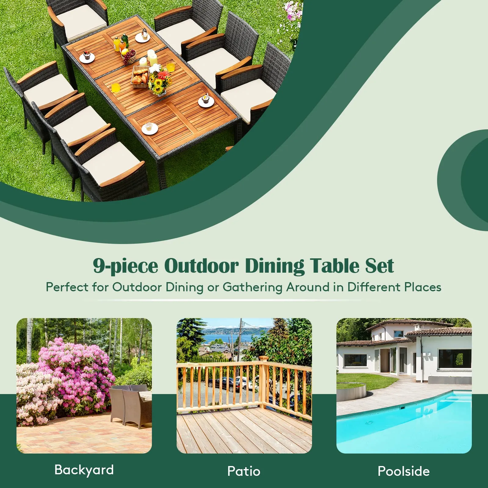 Tangkula 9 Pieces Patio Dining Set, , Outdoor Acacia Wood & Rattan Furniture Set with Cushions, Table & 8 Chairs