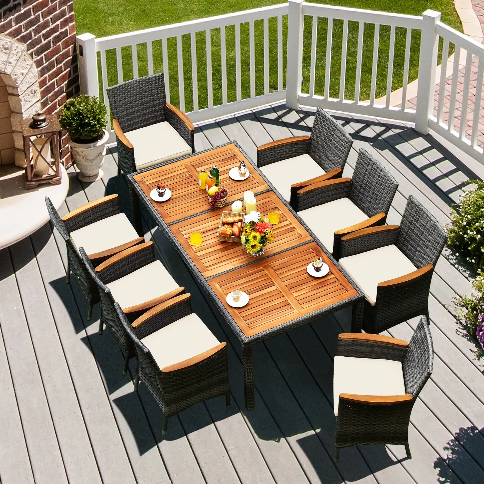 Tangkula 9 Pieces Patio Dining Set, , Outdoor Acacia Wood & Rattan Furniture Set with Cushions, Table & 8 Chairs