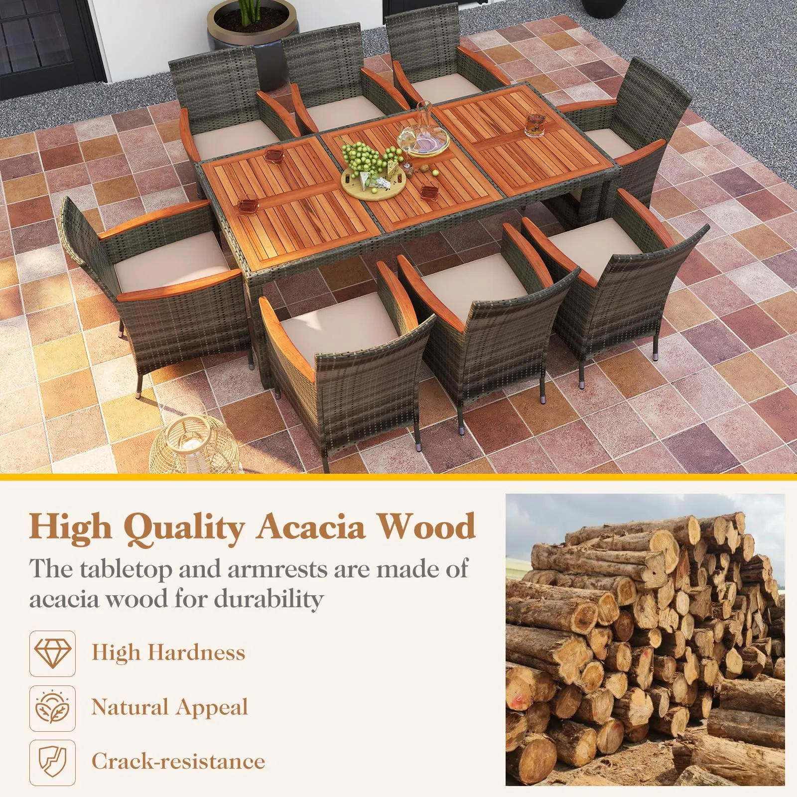 Tangkula 9 Pieces Patio Dining Set, , Outdoor Acacia Wood & Rattan Furniture Set with Cushions, Table & 8 Chairs