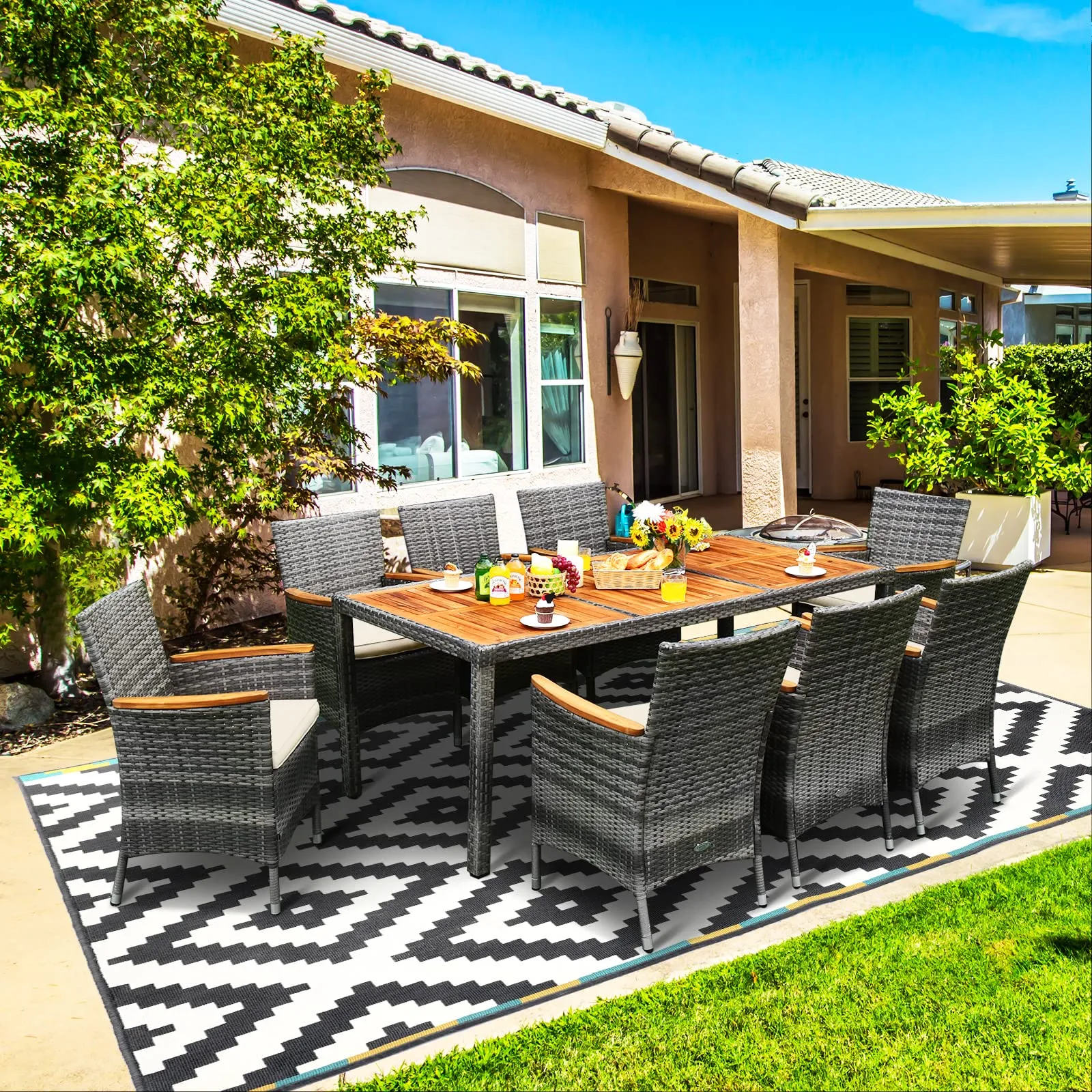 Tangkula 9 Pieces Patio Dining Set, , Outdoor Acacia Wood & Rattan Furniture Set with Cushions, Table & 8 Chairs