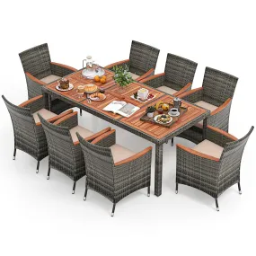 Tangkula 9 Pieces Patio Dining Set, , Outdoor Acacia Wood & Rattan Furniture Set with Cushions, Table & 8 Chairs
