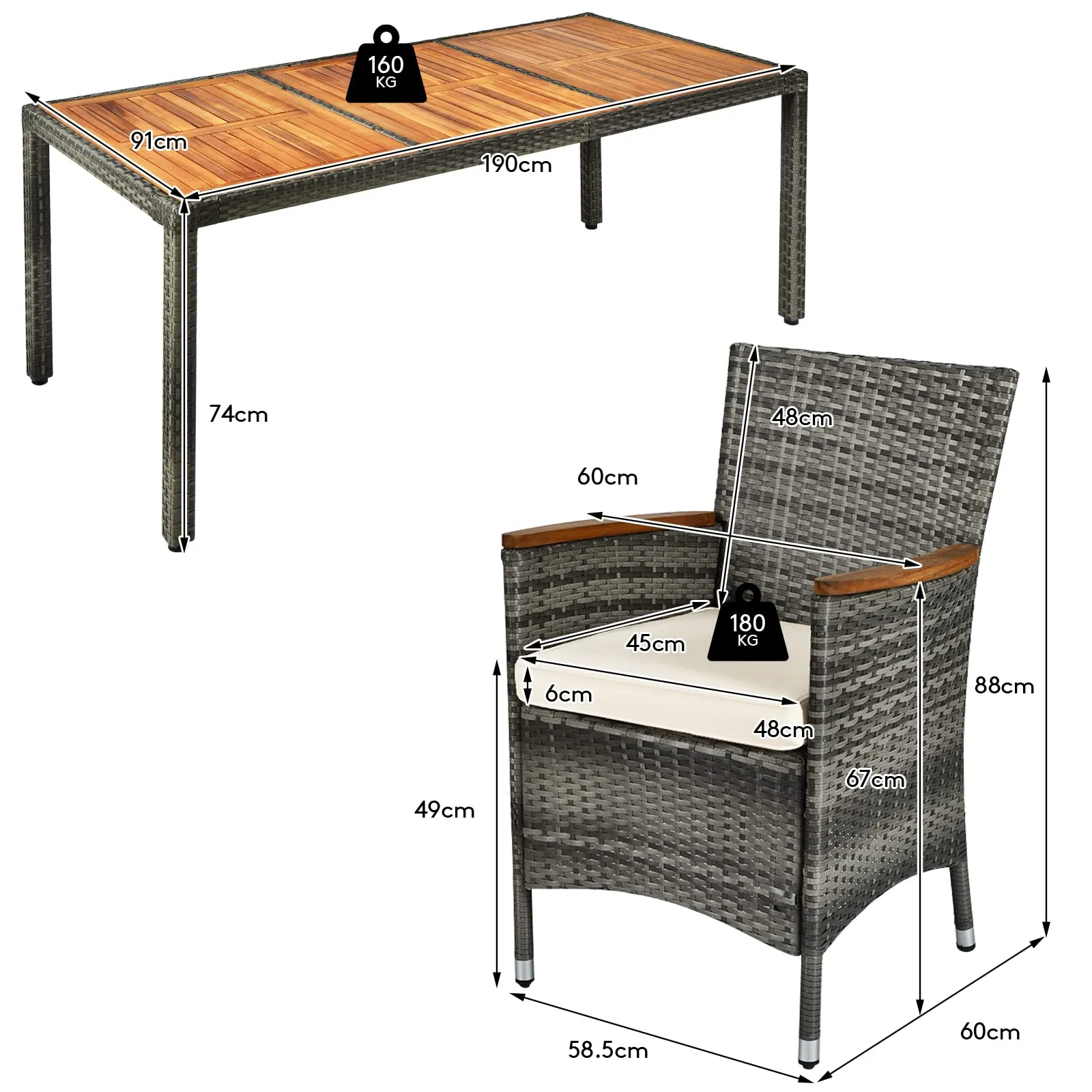 Tangkula 9 Pieces Patio Dining Set, , Outdoor Acacia Wood & Rattan Furniture Set with Cushions, Table & 8 Chairs