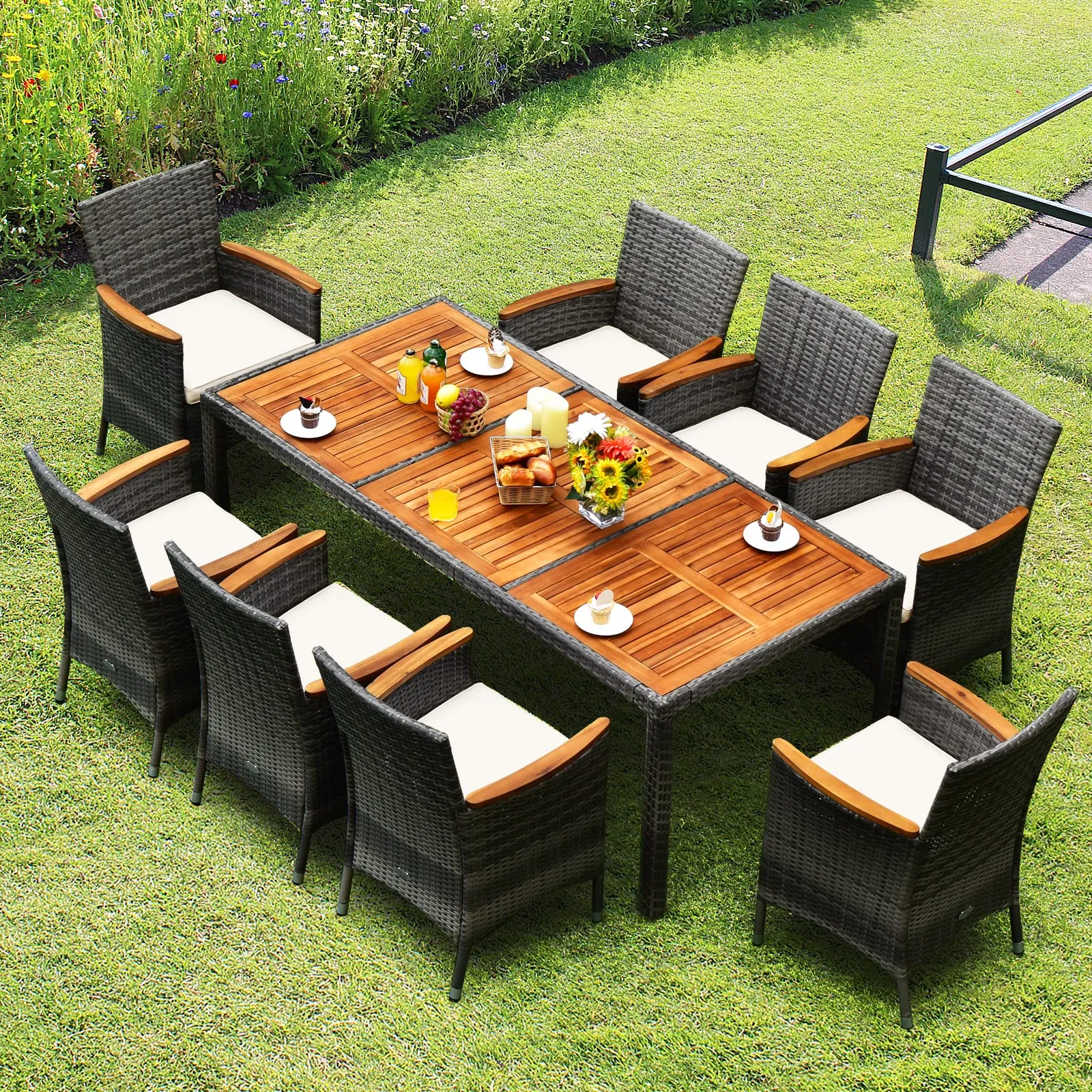 Tangkula 9 Pieces Patio Dining Set, , Outdoor Acacia Wood & Rattan Furniture Set with Cushions, Table & 8 Chairs