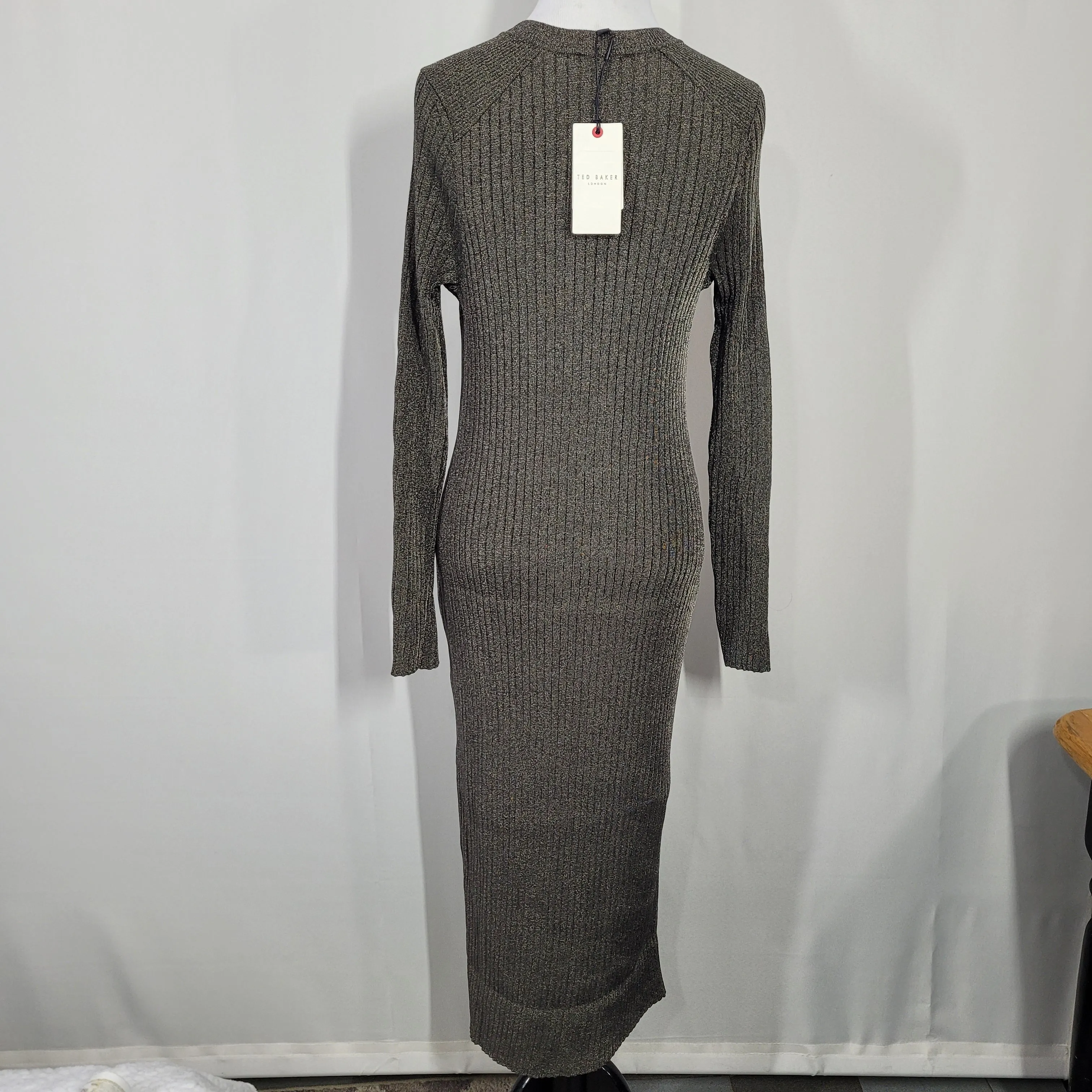 Ted Baker Sayrah Metallic Midi Ribbed Knit Dark Green Dress Size 3 (8)