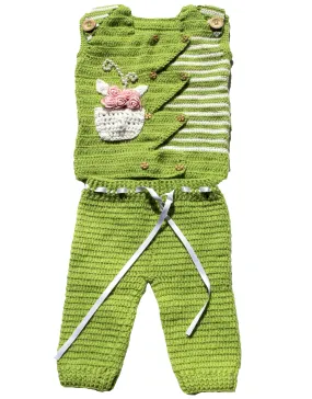 Winter Season Latest Crochet Handmade Design Top Cardigan With Pant For Baby Girl- Lime Green