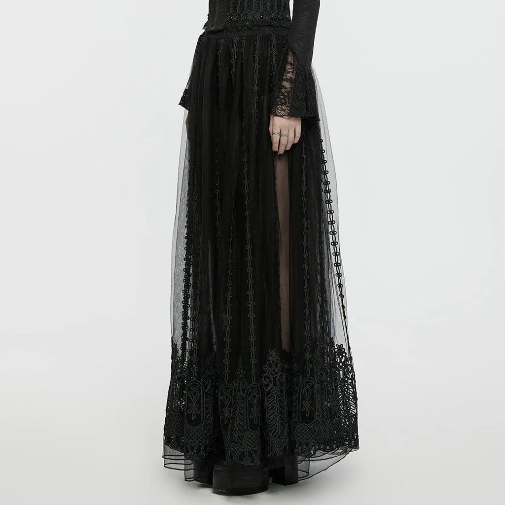Women's Gothic Floral Embroidered Mesh Sheer Skirt Black