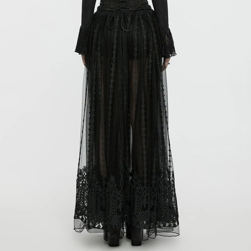 Women's Gothic Floral Embroidered Mesh Sheer Skirt Black