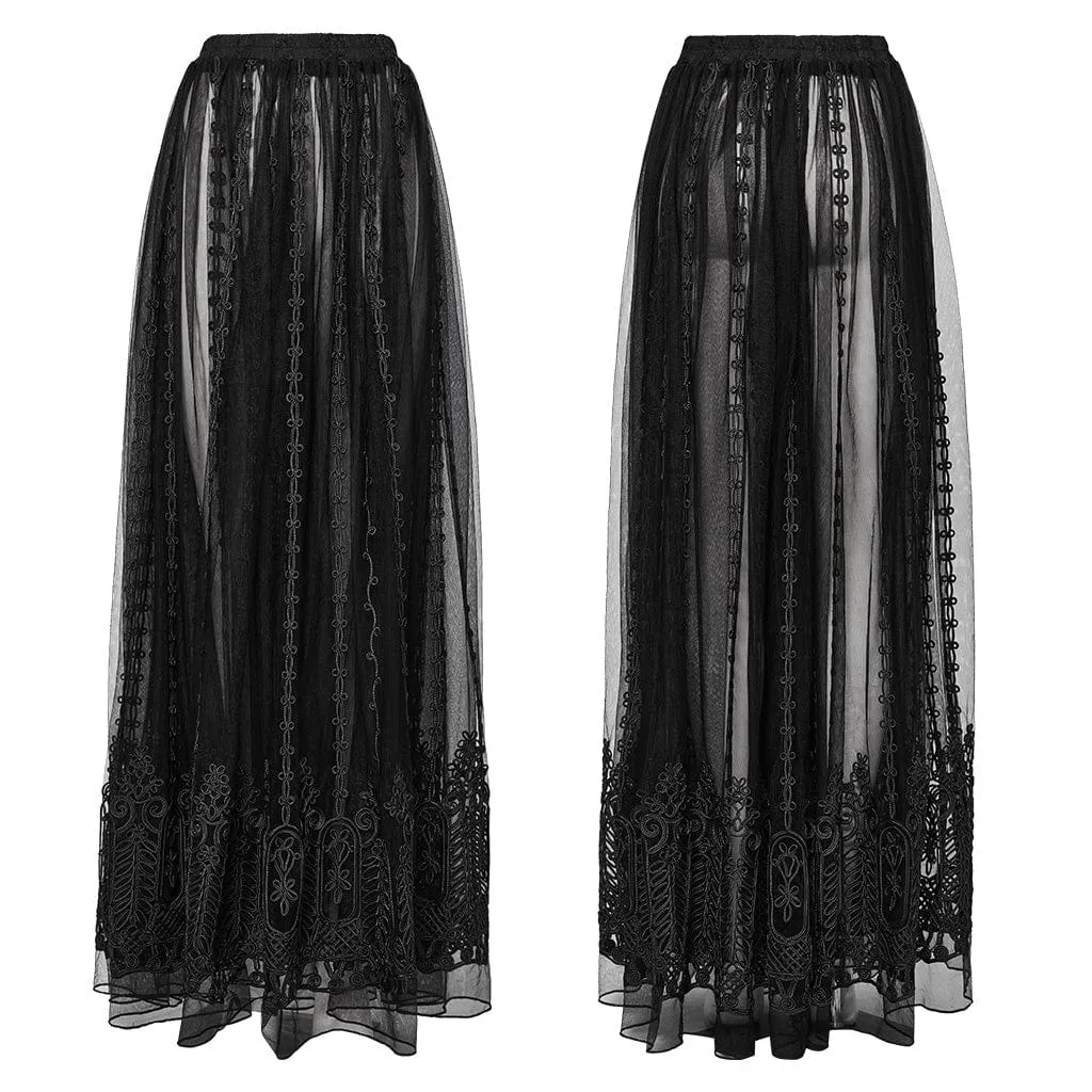 Women's Gothic Floral Embroidered Mesh Sheer Skirt Black