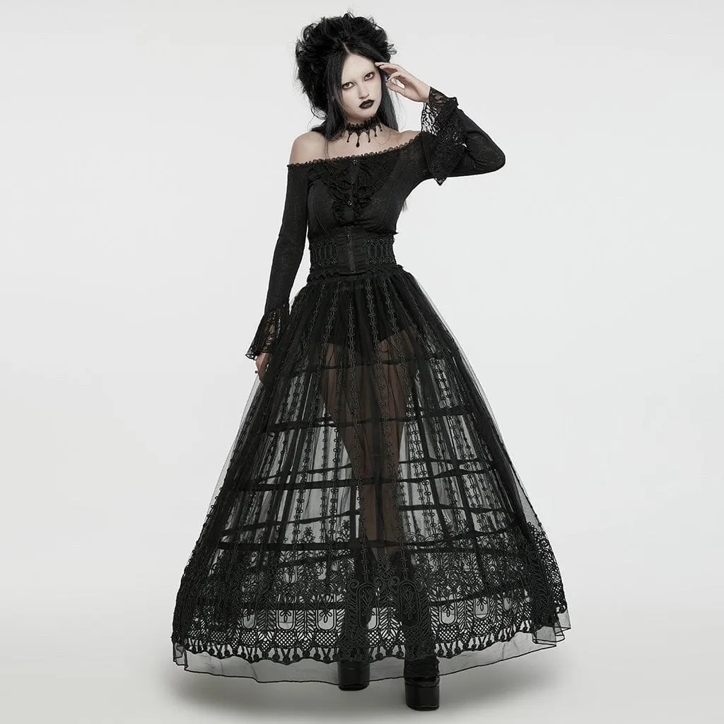 Women's Gothic Floral Embroidered Mesh Sheer Skirt Black