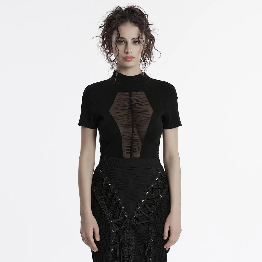 Women's Gothic Stand Collar Mesh Splice Shirt