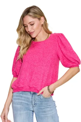 Zenana Round Neck Lantern Half Sleeve Sweater
